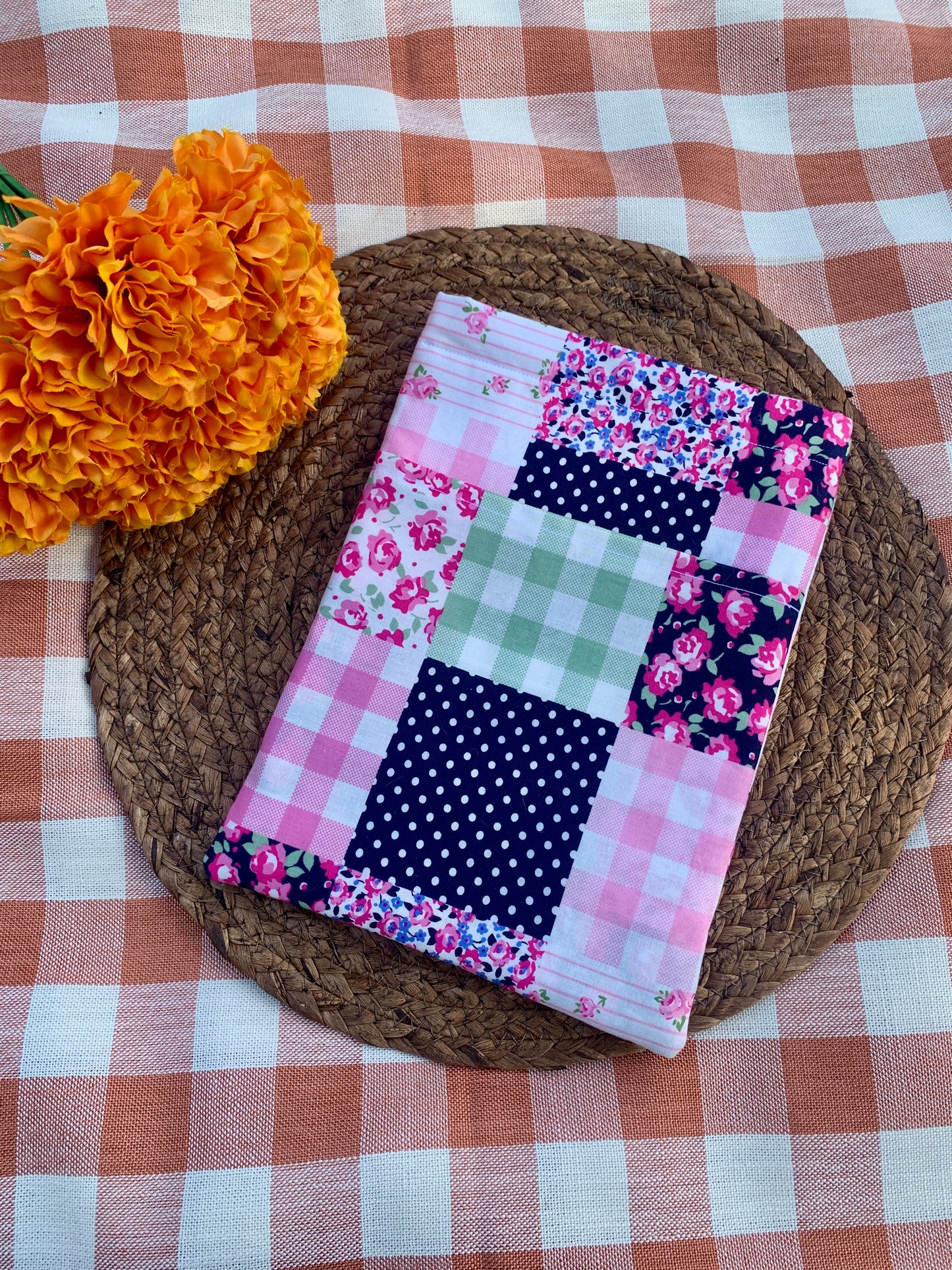 Navy and Pink Patchwork Book Sleeve