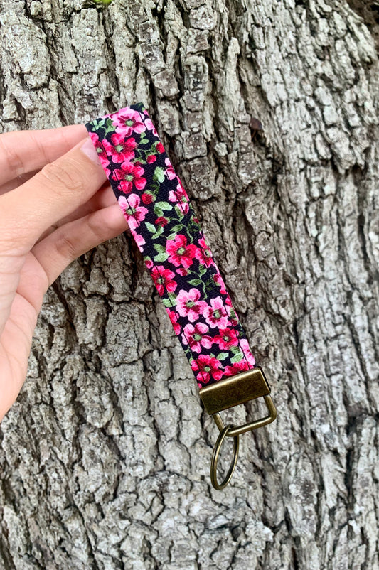 Pink Flowers on Black Key Fob